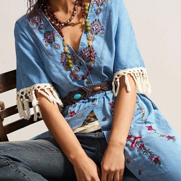 Blue Western Boho Women's Embroidered Casual Dress - Picture 8 of 8